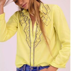 Anthropologie Chartreuse Rhinestone Embellished Western Shirt Size Medium NWT